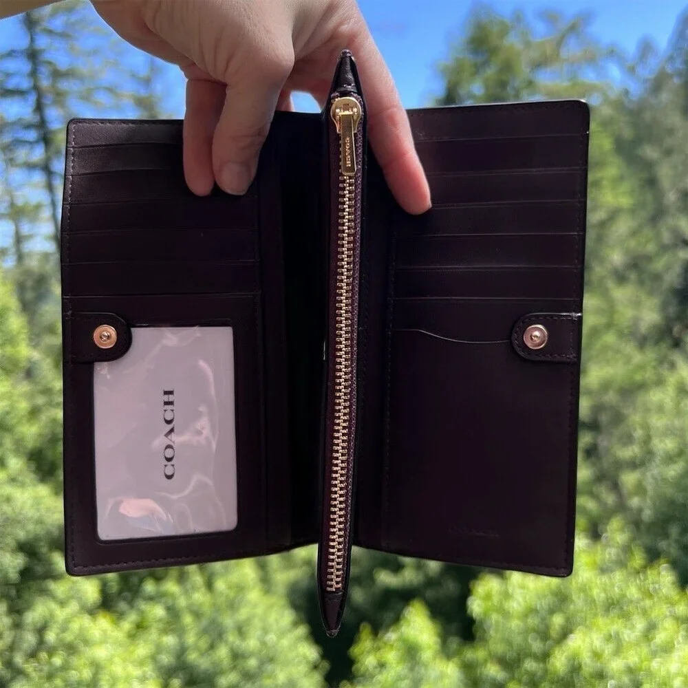 COACH Black Pebble Leather Bifold Snap Wallet with Gold Hardware AUTHENTIC